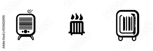 Black icon set depicting various heating appliances designed for home comfort during cold weather