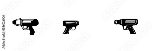 Set of black icons showing different styles of toy and futuristic guns against a clean white background