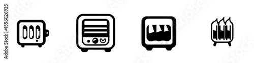 Set of four black icons representing kitchen appliances and heating devices in a minimalistic style for modern design use