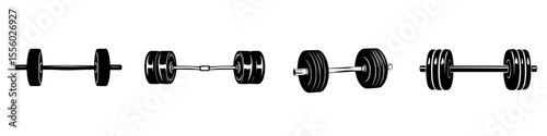 Different types of black dumbbells arranged for strength training at a gym during daytime workouts