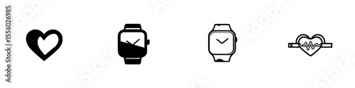 Collection of black icons representing heart and smartwatch designs for digital interfaces
