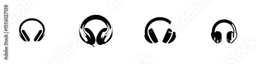Collection of black headphone icons representing different styles and designs in a minimalist format for artistic use