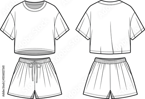  Trendy Women's Cropped T-Shirt and Shorts Set Flat Fashion Sketch, Casual Lounge Wear Apparel Template