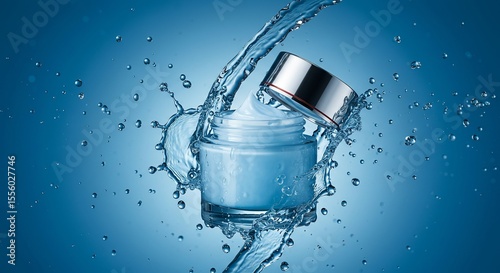 Cream jar with silver lid surrounded by splashing water on blue background