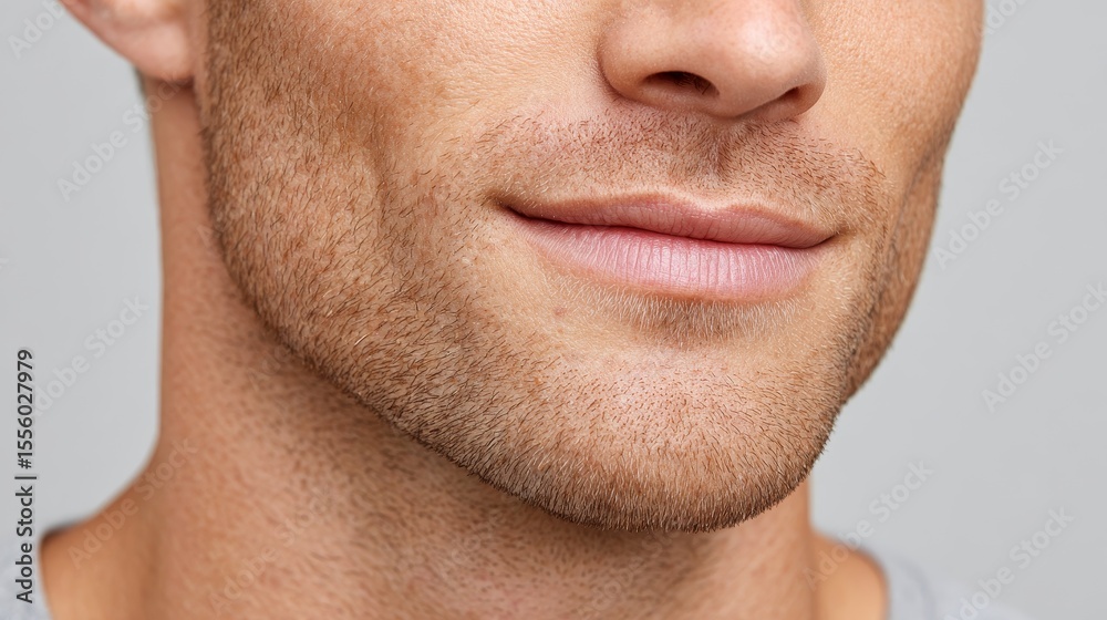 Fototapeta premium Closeup of acne-covered chin and jawline beauty portrait urban environment high-resolution detail of blemishes and pores on skin