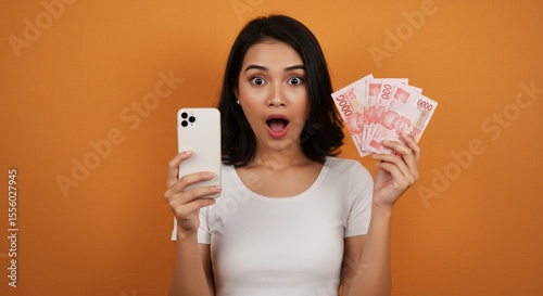 驚き顔の女性 スマホ お金 びっくり 予想外 幸運