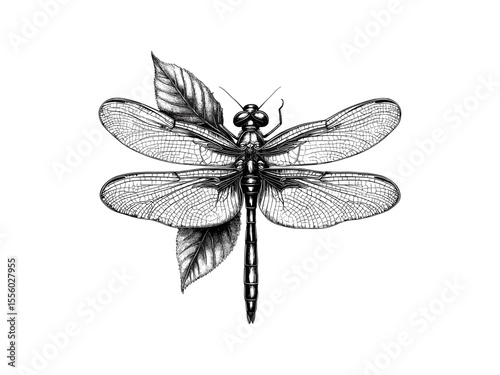 Vintage dragonfly engraving on leaf, hand-drawn sketch style, seasonal garden decor, botanical illustration, old engraving style, insect art, nature motif, classic insect print