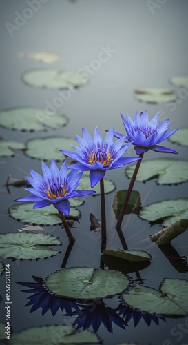 神秘的な青紫睡蓮 水面に咲く三輪の花 静寂な水面