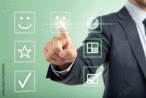 Digital feedback form interface, Businessman interacting with virtual online form. Perfect for customer feedback, survey UI, contact forms, digital onboarding, user experience in web applications.