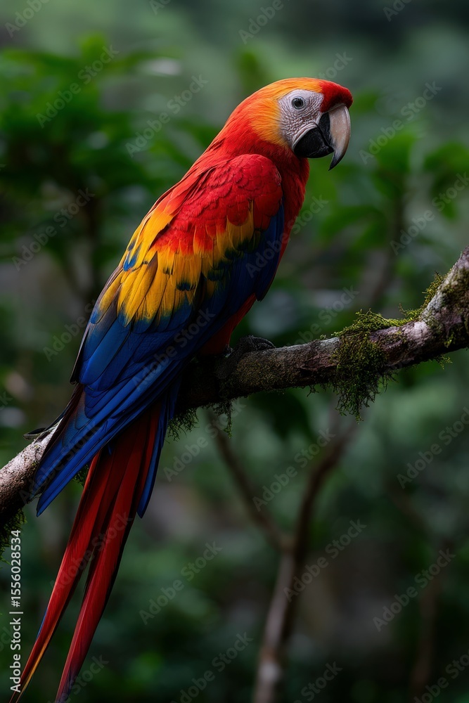 Fototapeta premium Scarlet macaw perched on a branch in a tropical forest