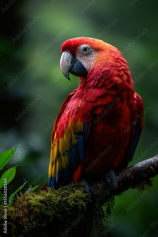 Fototapeta premium Scarlet Macaw perched on branch in Central America rainforest