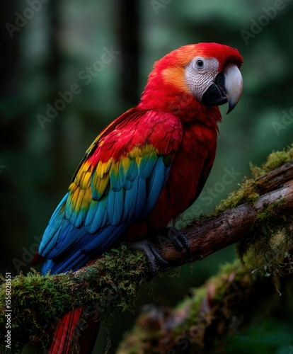 Scarlet macaw Resting on a mossy branch in the forest
