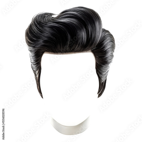 Classic black pompadour hairstyle on a mannequin head with a natural shine, transparent background, cutout PNG
