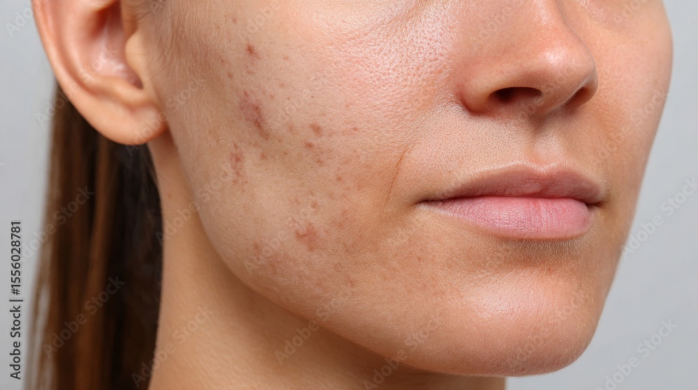 Obraz premium High-resolution facial close-up capturing acne blemishes pores and skin beauty indoor studio setting detailed viewpoint