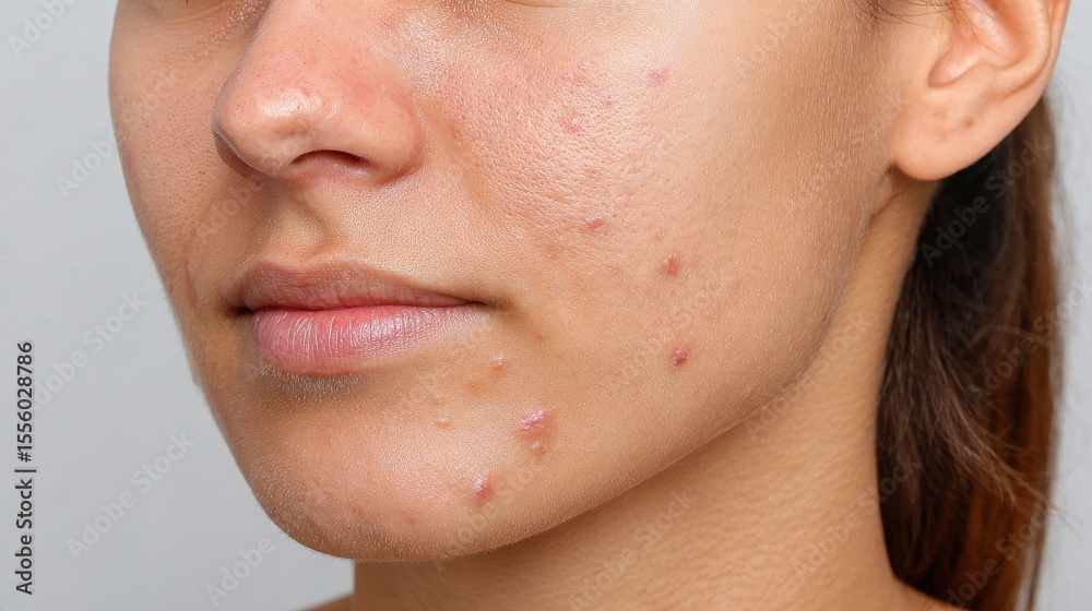 Fototapeta premium High-resolution facial close-up of acne-impacted skin indoor setting beauty analysis close view blemish and pore focus