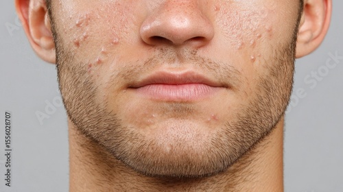 High-resolution facial close-up showcasing acne blemishes and pores on skin beauty in detail indoor studio environment