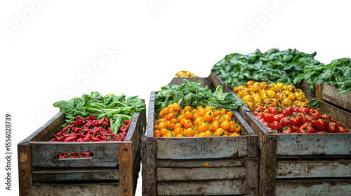 Fresh produce displayed in rustic wooden crates with vibrant vegetables such as tomatoes, peppers, and oranges on a transparent background, cutout PNG