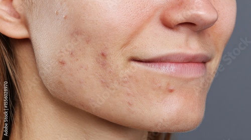 Hyperreal closeup of acne blemishes on skin beauty face detail indoor portrait stunning pore textures