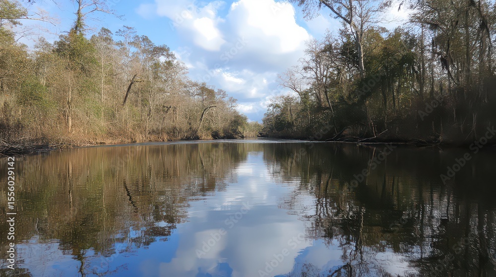 Obraz premium Calm river reflecting the sky and trees creating a serene and peaceful nature scene in the wilderness