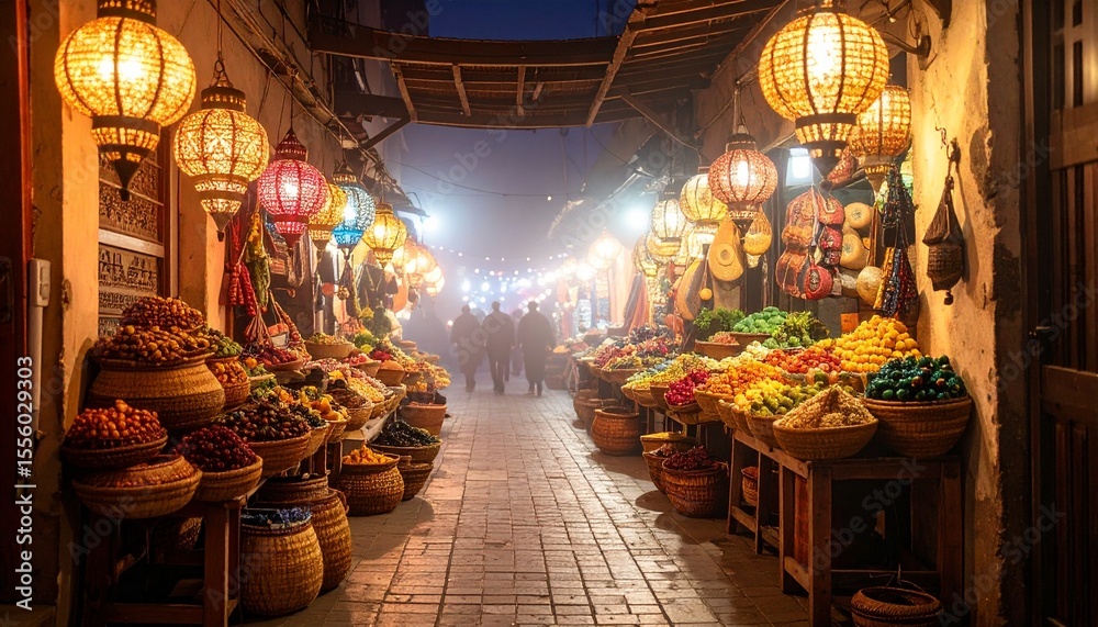 Fototapeta premium Fusion street market with lantern-lit African baskets beside digital signage in a foggy evening alley, merging old-world trade and tech 