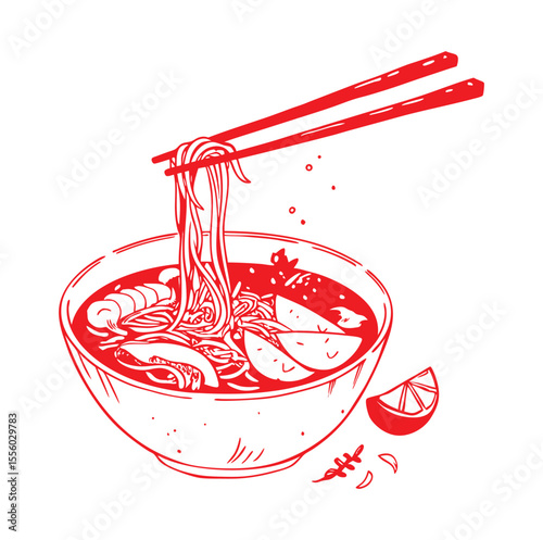 Red bowl of noodles with chopsticks and lime food