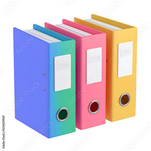 Colorful Office Binders: Three vibrant binders stand side-by-side, each a different color, symbolizing organization and efficiency in a modern office environment.