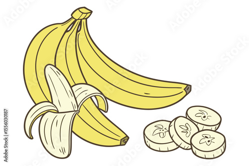 Yellow bananas peeled and sliced fruit food