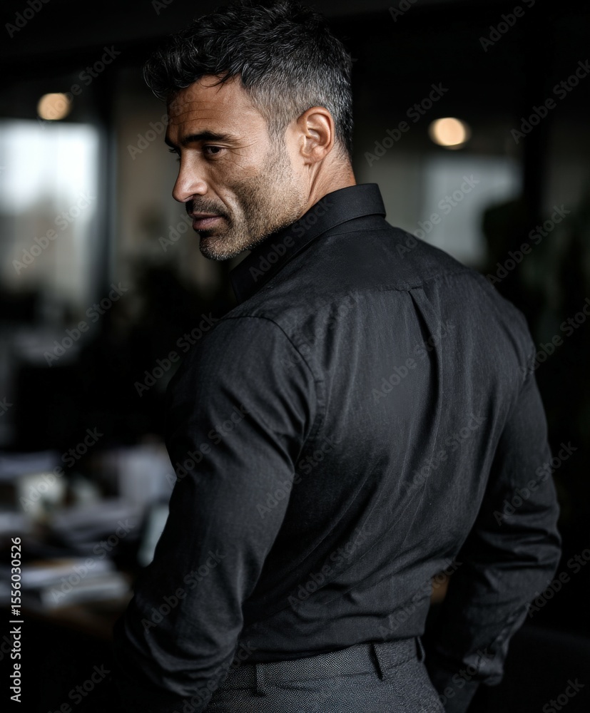 Obraz premium Man in black shirt looks over shoulder in Office during day