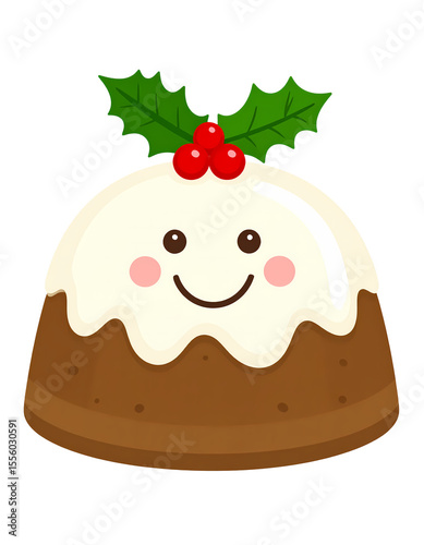A charming cartoon Christmas pudding with a smiling face, holly and berries, perfect for holiday decor. Cute Christmas clipart with transparent background.