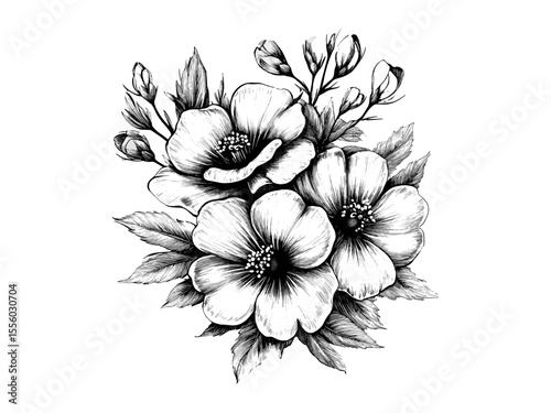 Vintage spring bloom bouquet, hand-drawn floral arrangement, seasonal flower sketch, old engraving style, black line art, trendy garden decor, classic botanical illustration