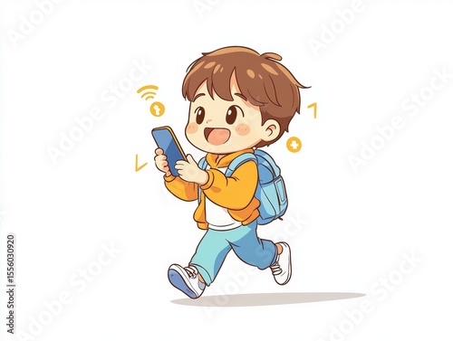 Happy boy walking and using smartphone