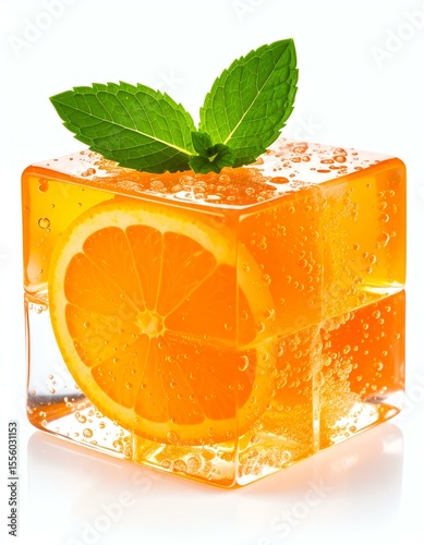 Pristine Citrus Gelatin Cube Wobble Illustration. Refreshing orange-flavored beverage with mint.