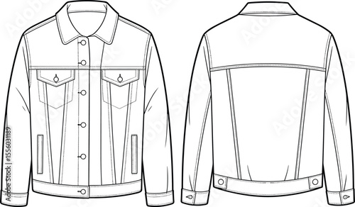 Classic Denim Jacket Flat Fashion Sketch, Unisex Apparel Design Template for Casual Outerwear Styles