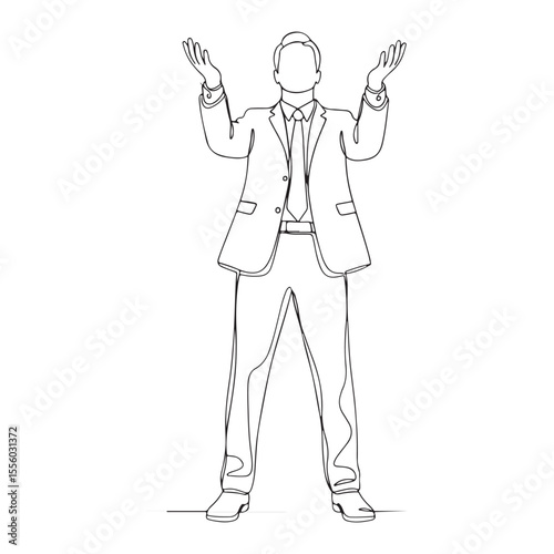 Man in suit with arms raised in celebration or prayer