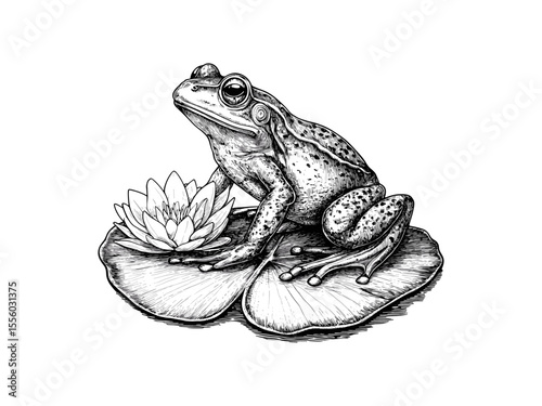 Vintage spring frog engraving, hand-drawn nature scene, lily pad illustration, black sketch style, old engraving, seasonal wildlife art, classic decor icon, rustic floral, garden wildlife design