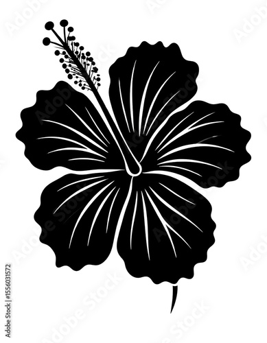 Elegant Silhouette of a Hibiscus Flower in full bloom. The black and white design is minimalist and showcases intricate details.