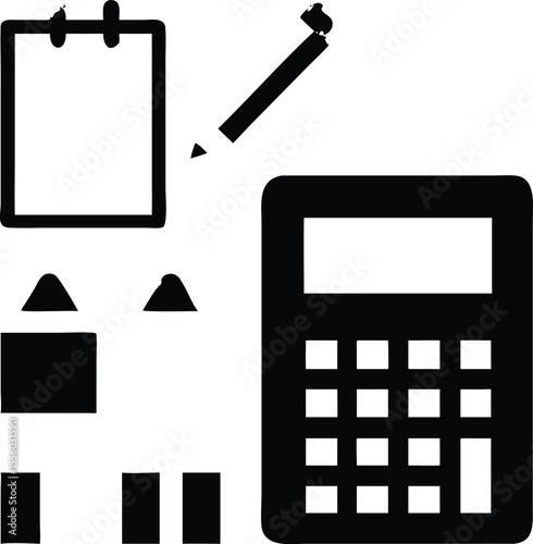 Calculators, calendars, colored pencils, correction fluid, craft paper icon