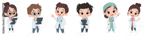 A set of flat vector illustrations in a simple children's style. Cute children in doctors costume, boys and girls on white background. Vector illustration