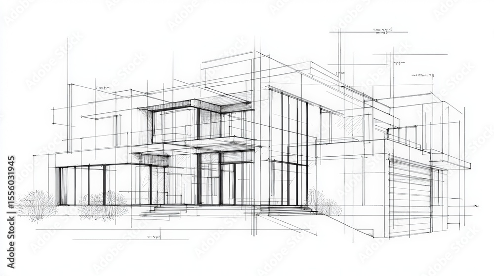 Fototapeta premium Modern house architectural sketch design drawing