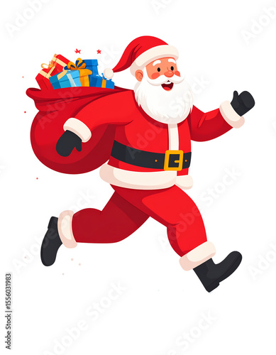 Santa Claus running with a bag full of gifts, symbolizing Christmas and holiday cheer. Santa is joyful and determined. Cute Christmas clipart with transparent background.