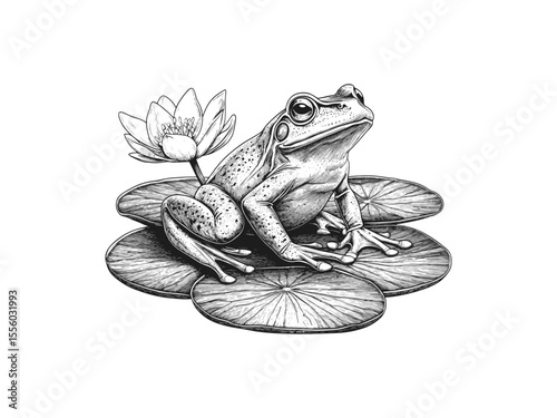 Spring frog on lily pad, vintage engraving, seasonal nature scene, hand-drawn decor icon, black sketch style, old engraving style, trendy seasonal illustration, rustic botanical art, wildlife design