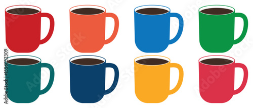 Coffee cup icon vector set. Set of colorful cups, coffee mug symbol and sign. Hot coffee cup icon. Vector illustration.