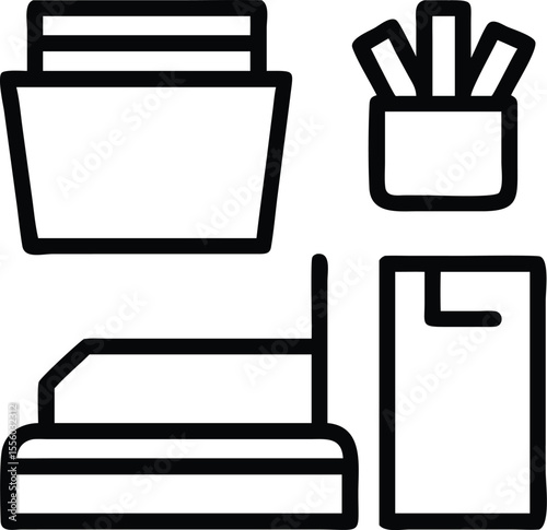 Desk organizers, drawing paper, dust covers icon