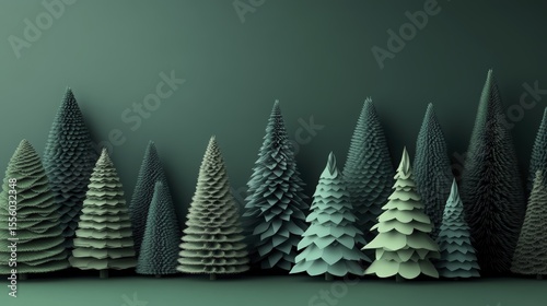 A serene monochrome Christmas scene featuring stylized pine trees in shades of green