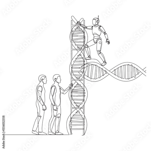 Robot climbing D N A ladder with human figures below