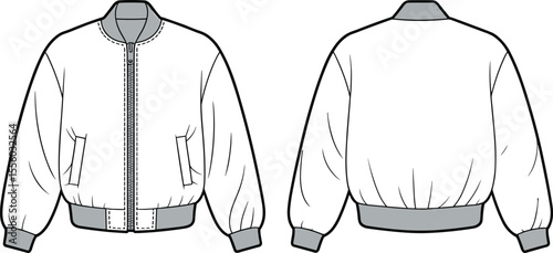  Blank White Bomber Jacket Template Front and Back Views with Ribbed Cuffs and Hem, Customizable Mockup for Trendy Casual Apparel Design