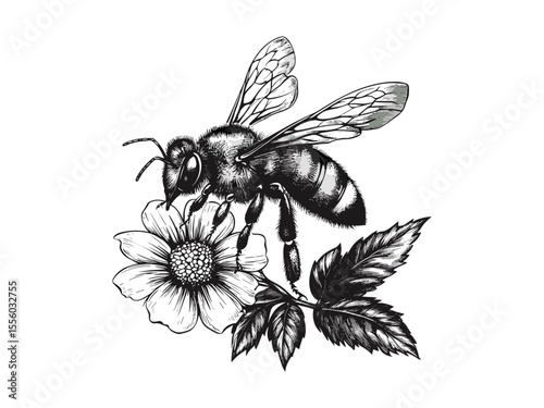 Honeybee on flower vintage engraving, retro pollinator sketch, hand-drawn garden decor, black ink illustration, spring seasonal art, old engraving style, nature insect motif