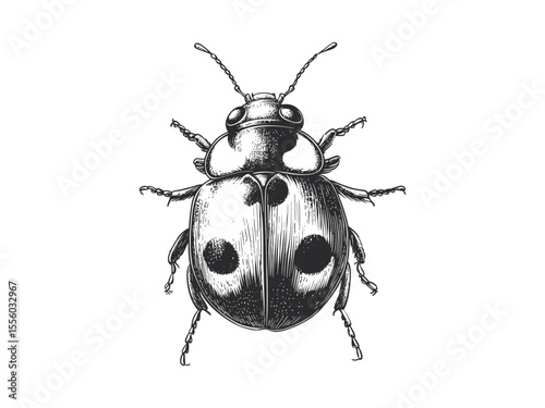 Vintage insect sketch, spring ladybug engraving, hand-drawn black line style, retro seasonal garden decor, trendy engraved motif, old engraving style, botanical illustration, nature art