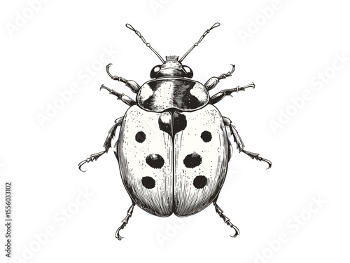 Hand-drawn vintage ladybug engraving, spring insect sketch, black line art, retro garden decoration, old engraving style, botanical garden motif, natural history illustration, classic engraving