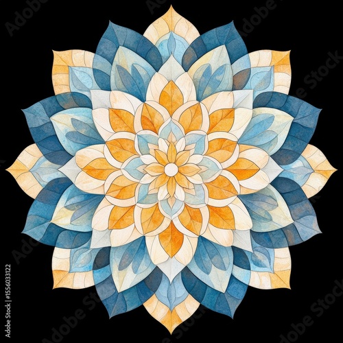 Serene watercolor mandala blue and orange floral design